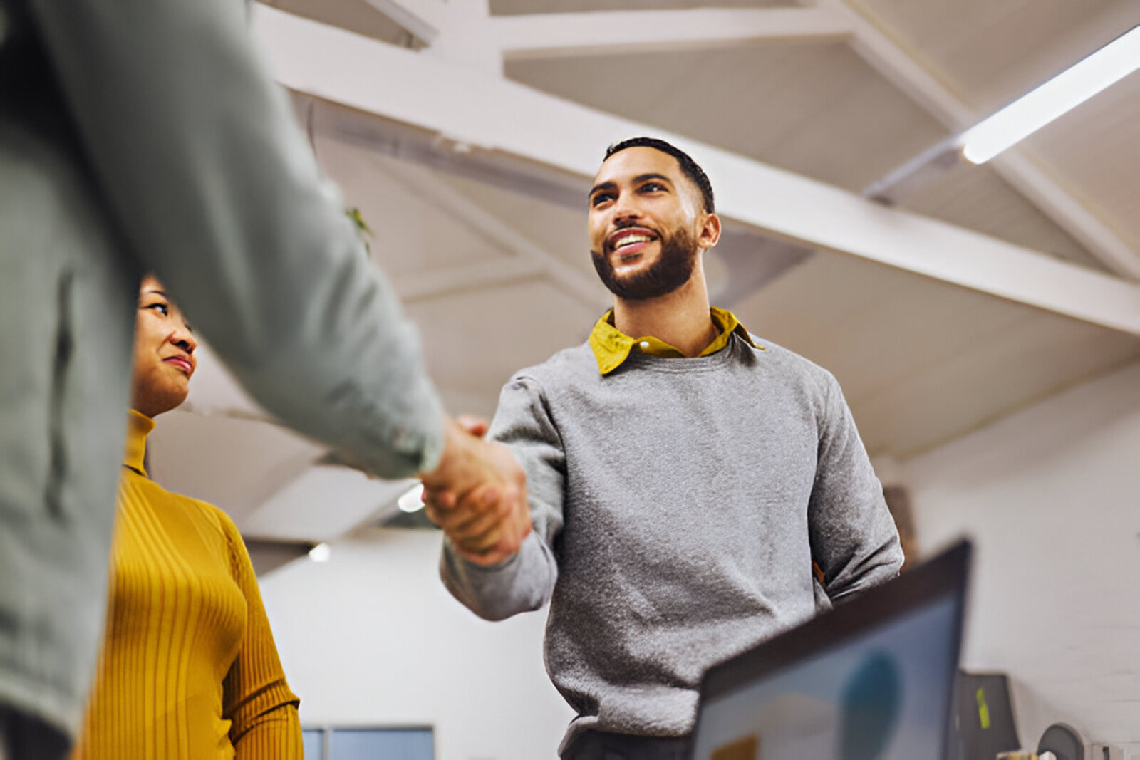 A team collaborating around a table in a modern office